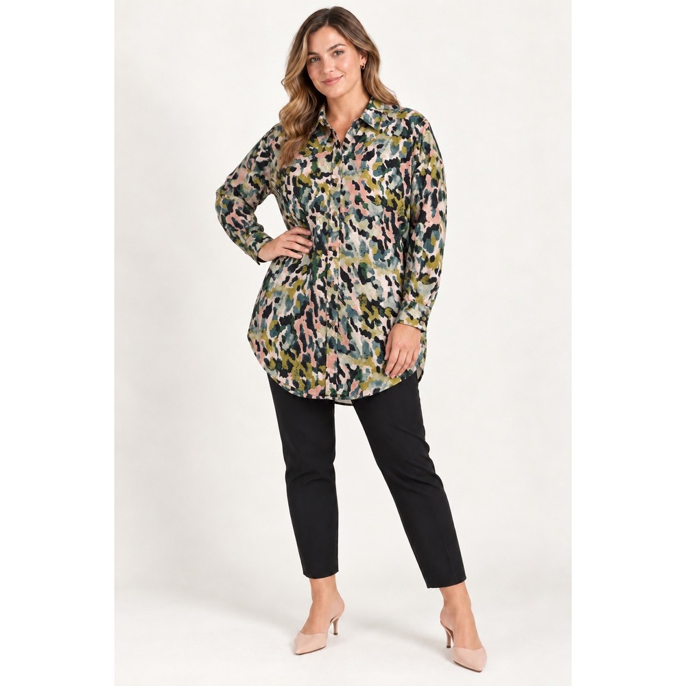 Entro Abstract Animal Print Button Down Shirt Green Pink Boho Y2K Large